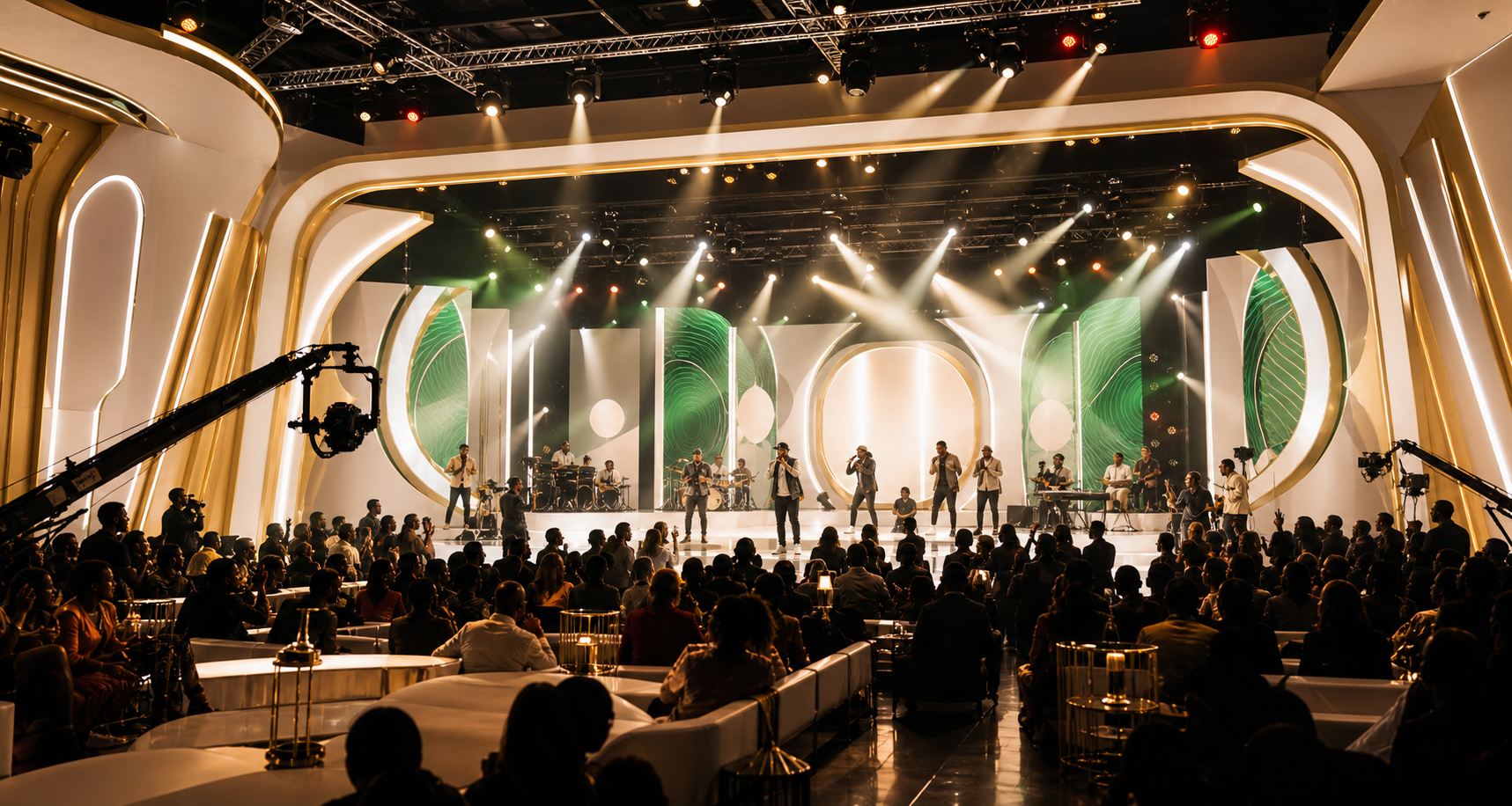 Premium Jamaican live event venue with cinematic stage lighting
